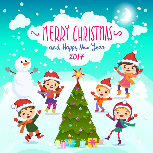 Feliz Navidad y Feliz Año Nuevo. 2017. Diversión invernal. Niños alegres jugando en la nieve. Stock vector ilustración de un grupo de niños felices en rojo Santa sombrero y jugando cerca — Vector de stock