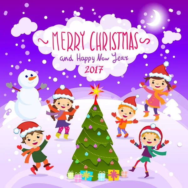 Feliz Navidad y Feliz Año Nuevo. 2017. Diversión invernal. Niños alegres jugando en la nieve. Stock vector ilustración de un grupo de niños felices en rojo Santa sombrero y jugando cerca — Archivo Imágenes Vectoriales