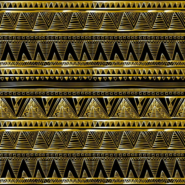 Oro brillante zigzag onda fondos. vector negro étnico sin costura — Vector de stock