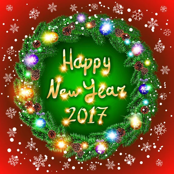 Vánoční přání s věncem. Šťastný nový rok. 2017 Xmas vektorové pozadí. Ručně kreslenou kaligrafie. koncept ručně psané šťastný nový rok — Stockový vektor