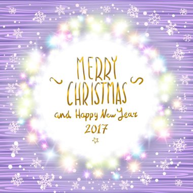 vector merry chrismas and Happy new year 2017. Glowing White Christmas Lights Wreath for Xmas Holiday Greeting Cards Design. Wooden Hand Drawn Background. art clipart