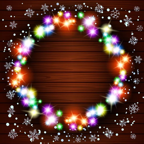 Fondo in legno con ghirlande vintage, Vector EPS10, spettacolo di luci di Natale — Vettoriale Stock