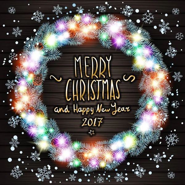 Vector god jul och gott nytt år 2017. Glödande vit jul ljus krans för Xmas semester hälsning kort Design. Trä handritad bakgrund. konst — Stock vektor