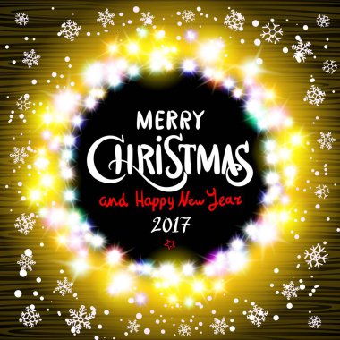 Neşeli Noel ve mutlu yeni yıl 2017 gerçekçi ultra sarı renkli ışık çelenk çerçeve şeffaf arka plan, hat üzerinde yuvarlak. Ampulleri, retro garland,