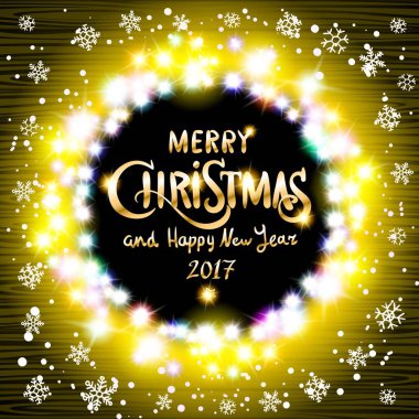 Neşeli Noel ve mutlu yeni yıl 2017 gerçekçi ultra sarı renkli ışık çelenk çerçeve şeffaf arka plan, hat üzerinde yuvarlak. Ampulleri, retro garland,