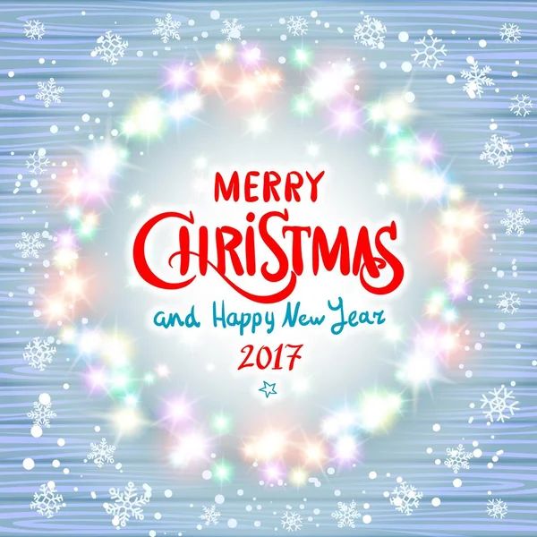 Feliz Natal e Feliz Ano Novo 2017. Grinalda de Natal brilhante feita de luzes led no fundo de madeira azul. Fundo de Natal decorativo com luzes e floco de neve. Abstrato azul e branco — Vetor de Stock