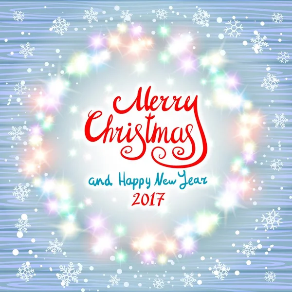 Feliz Natal e Feliz Ano Novo 2017. Grinalda de Natal brilhante feita de luzes led no fundo de madeira azul. Natal luzes fundo . — Vetor de Stock