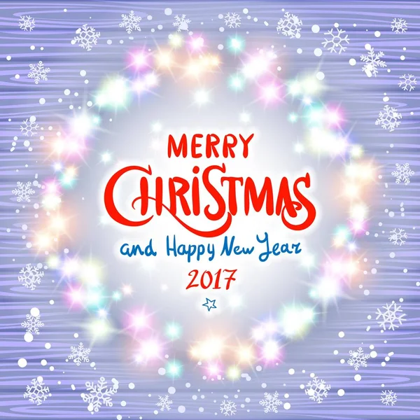 Feliz Natal e Feliz Ano Novo 2017. Grinalda de Natal brilhante feita de luzes led no fundo de madeira violeta. Natal luzes fundo . — Vetor de Stock