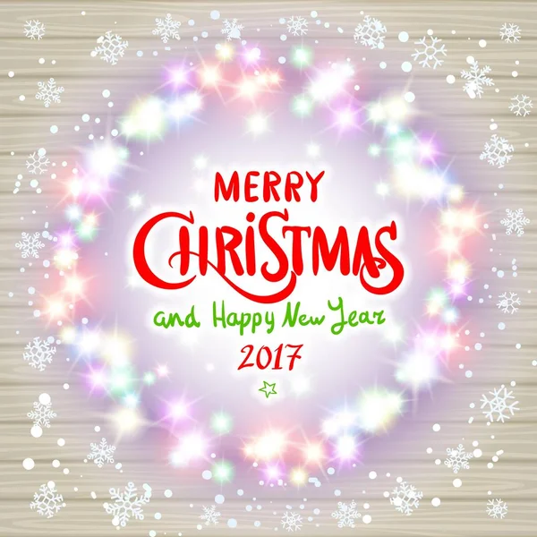 Feliz Natal design de cartão de ano novo feliz com luzes festivas de Natal e elementos bokeh borrão colorido no fundo. Ideal para saudações de férias, web ou cartaz. Vetor EPS10 . — Vetor de Stock