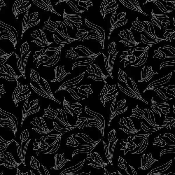 Negro blanco Patrón floral sin costuras con tulipanes. Ilustración vectorial . — Archivo Imágenes Vectoriales