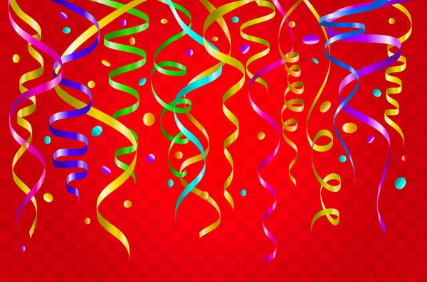 Birthday red background with curling streamers and confetti, illustration. tinsel vector color — Stock Vector