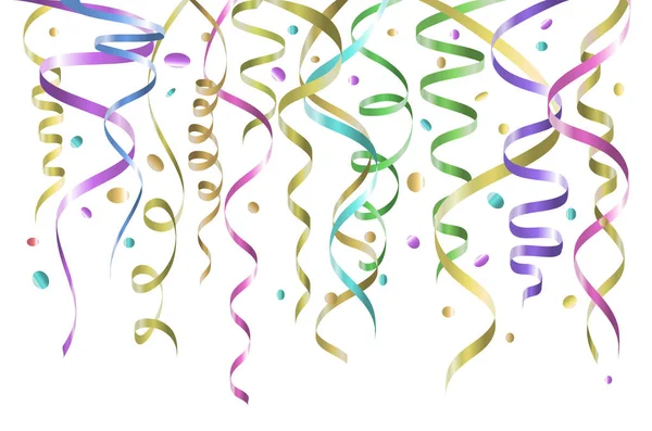 Fondo blanco de cumpleaños con serpentinas rizadas y confeti, ilustración. color del vector de oropel — Archivo Imágenes Vectoriales