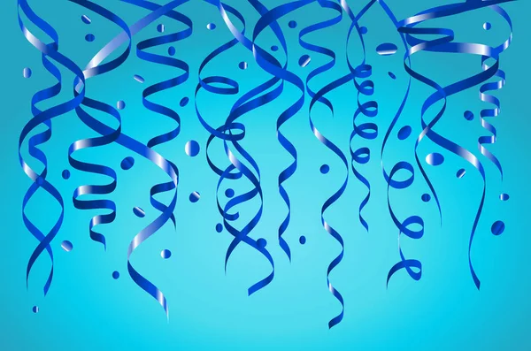 Feierlicher blauer Hintergrund mit Konfetti und blauen Bändern. Vektorillustration — Stockvektor