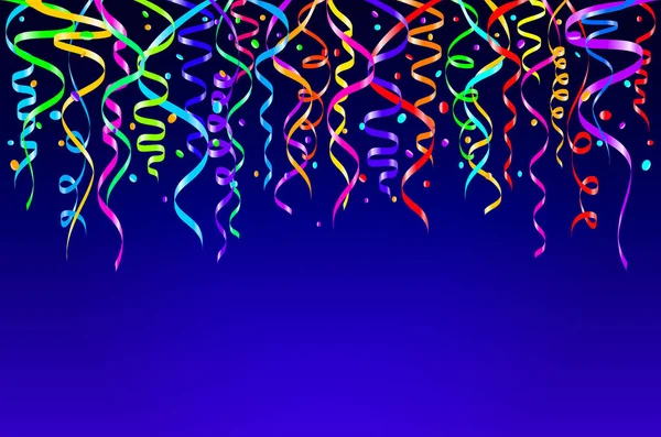 Confettis colorés sur fond bleu. Rubans de modèle de célébration. Illustration vectorielle — Image vectorielle