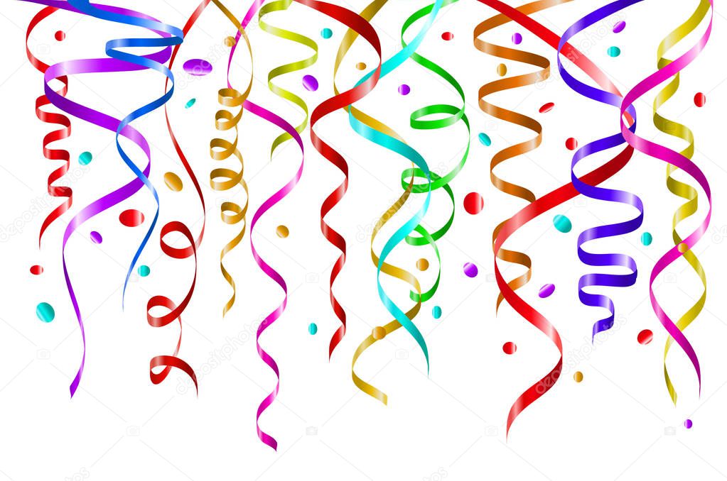 Birthday white background with curling streamers and confetti, illustration. tinsel vector color