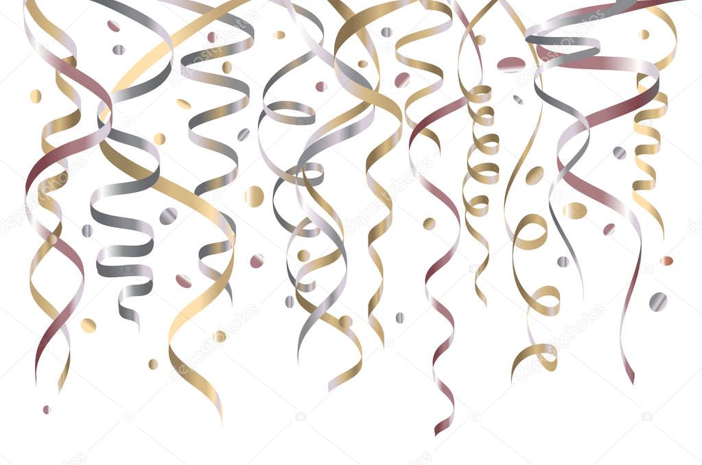 Celebration white background template with confetti and silver ribbons. Vector illustration