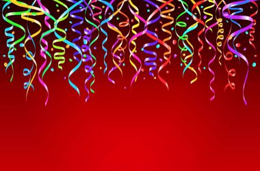 Renkli konfeti dekorasyon tasarım, Web sitesi, kırmızı arka plan afiş için vektör Illustration. Tatil Partisi öğe şablonu. Festival nesnesi izole