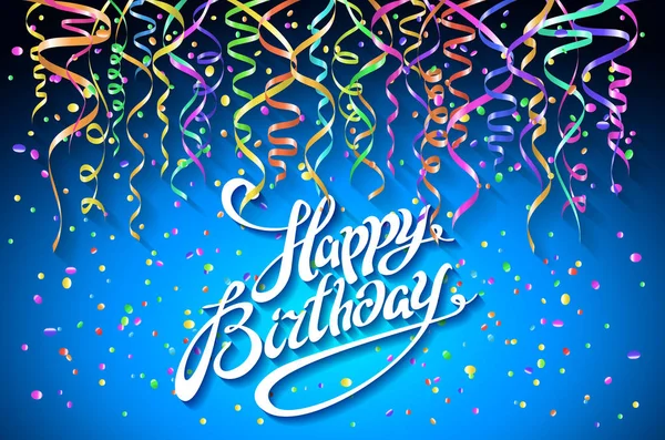 Lycklig födelsedag gratulationskort på blå bakgrund vektor Illustration med färgglada konfetti — Stock vektor
