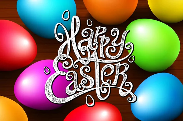 Tarjeta de felicitaciones Frase escrita a mano. Plantillas de texto de la tarjeta de felicitación con huevos de colores hermoso fondo para la invitación. Feliz Pascua letras estilo caligrafía moderna. vector — Archivo Imágenes Vectoriales