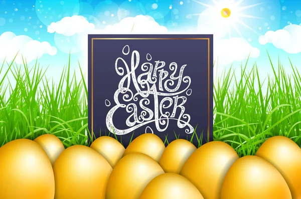 Золоті яйця в полі трави з блакитним небом. щасливе Великодня написання сучасної каліграфії, вектор — стоковий вектор