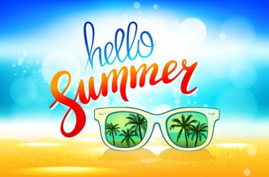 Merhaba yaz vektör poster güneş gözlüğü palm ile