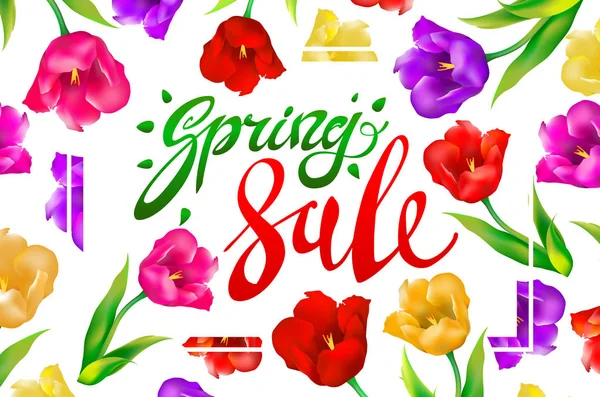 Spring Sale Banner, colotful tulips flowers white background with lettering. Template for greeting post card. Vector illustration EPS10. — Stock Vector