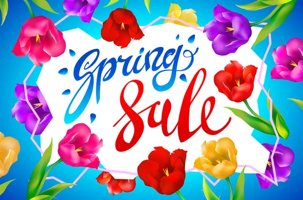 Spring Sale Banner, colotful tulips flowers blue background with lettering. Template for greeting post card. Vector illustration EPS10. — Stock Vector