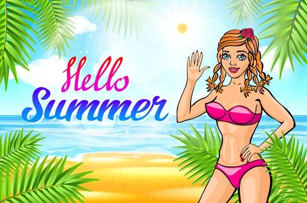 Vecteur Bonjour lettrage d'été et Femme sur la plage de la mer et prend un bain de soleil. Bikini gir. pinup affiche vintage — Image vectorielle