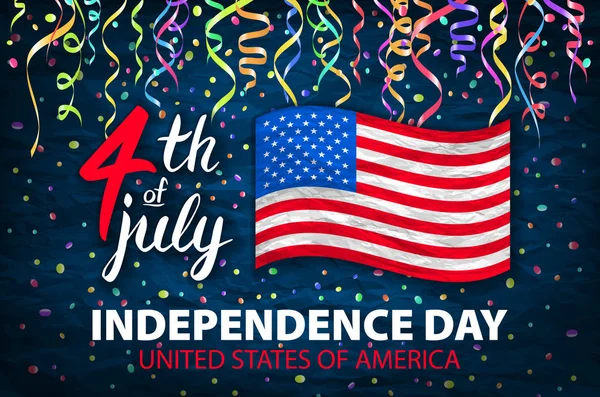 Ilustración del cartel vectorial del Día de la Independencia. Carta del 4 de julio. Bandera Roja Americana sobre fondo azul con estrellas y confeti — Vector de stock