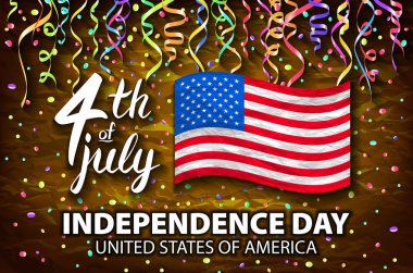 ABD vektör poster Bağımsızlık günü Illustration. 4 yıldız ve konfeti ile mavi arka plan üzerinde Temmuz Amerikan Kızıl bayrağı