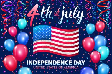 Bağımsızlık günü vektör Poster Illustration. 4 Temmuz yazı. Amerikalı yıldız ve konfeti ile mavi arka plan üzerinde kırmızı bayrak. Derma ballon