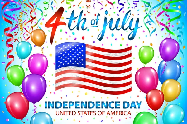 独立記念日のベクトルのポスターのイラスト。7 月のレタリングの第 4 回。星と紙吹雪で青の背景にアメリカの赤い旗。カラフルな気球 — ストックベクタ