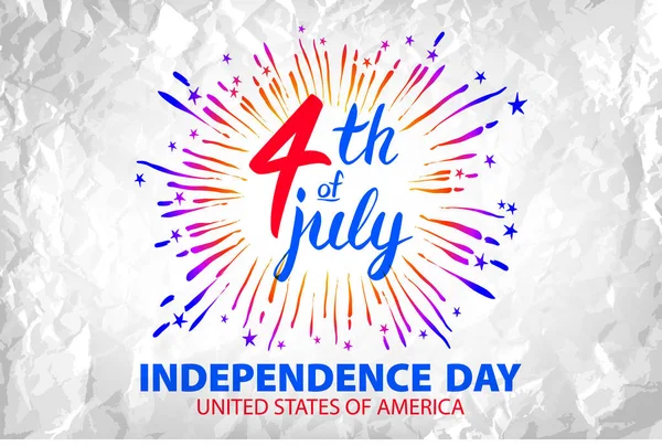 Feuerwerk zur Feier des Unabhängigkeitstages. 4. Juli Beschriftung. Amerikanisches Rot auf blauem Hintergrund mit Sternen. — Stockvektor
