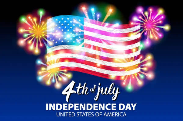 Εικονογράφηση διάνυσμα αφίσας εορτασμού ημέρα της ανεξαρτησίας. 4η Ιουλίου γραμμάτων. Αμερικανική σημαία κόκκινο σε μπλε φόντο με αστέρια σκάσει. πυροτέχνημα — Διανυσματικό Αρχείο