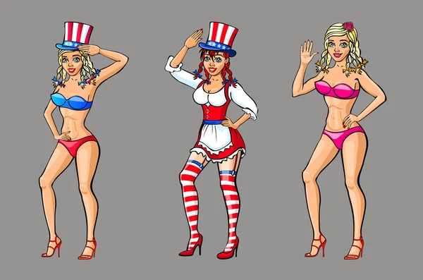 Pretty Girl Wearing Red, White and Blue Bikini Costume for the Fourth Of July vector — Stock Vector