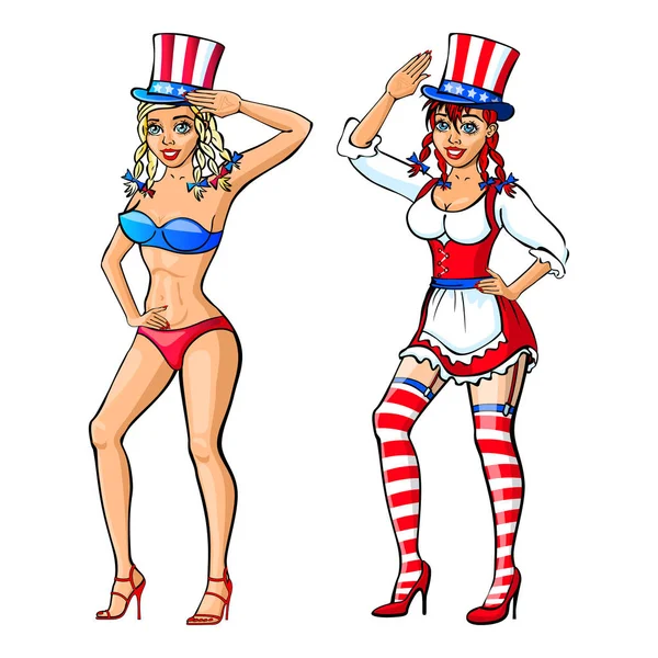 Pretty Girl Wearing Red, White and Blue Bikini Costume for the Fourth Of July vector art — Stock Vector
