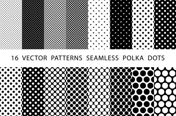 16 vektorové vzory bezešvé Polka Dots sada černá a bílá — Stockový vektor