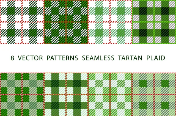 Sada 8 abstraktní elegantní geometrické bezešvé vzory s keltský ornament, zelené, černé a bílé odstíny vektor Tartan kostkované — Stockový vektor