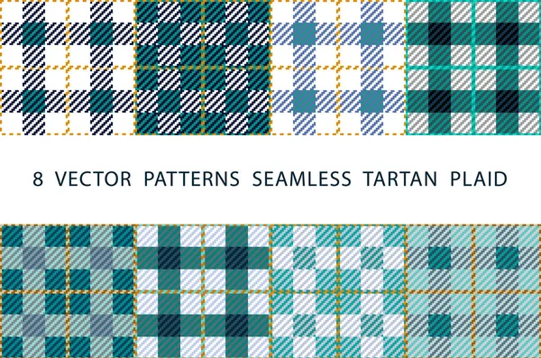 Sada 8 abstraktní elegantní geometrické bezešvé vzory s keltský ornament máta., modré, černé a bílé odstíny vektor Tartan kostkované — Stockový vektor