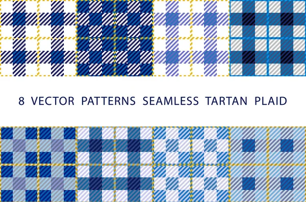 Sada 8 abstraktní elegantní geometrické bezešvé vzory s keltský ornament, modré, černé a bílé odstíny vektor Tartan kostkované — Stockový vektor