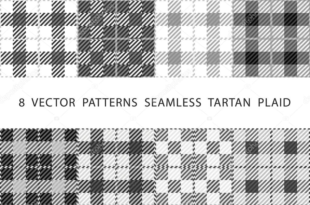 Set of 8 abstract stylish geometrical seamless patterns with celtic ornament of grey and white shades VECTOR TARTAN PLAID