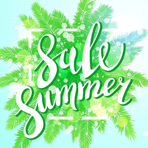 Yaz satış arka plan yeşil palmiye ile sahilde günbatımı. Vektör afiş — Stok Vektör