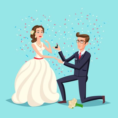 Düğün ve evlilik çift tasarımı. Teklifi evlilik, vektör çizim düz tasarımı. Adam elinde bir alyans ve elmas ile açık bir kutusu tutuyor.