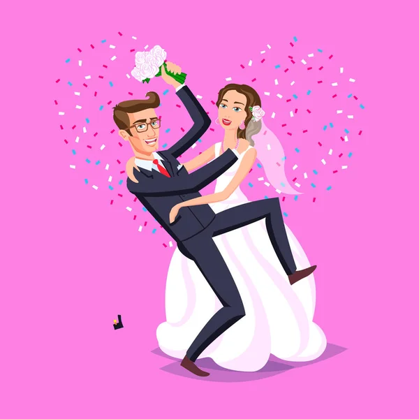 Ilustracja ślub. Po prostu małżeństwo śmieszne, Narzeczeni tańca z po ślubnej ceremonii serce różowe tło wektor — Wektor stockowy