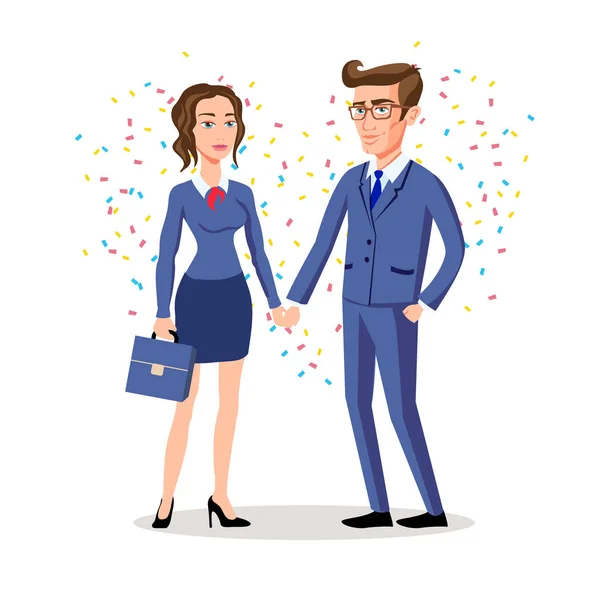 Business Man and Woman Shaking Hands, бизнес-концептуальная векторная иллюстрация. любить сердце — стоковый вектор