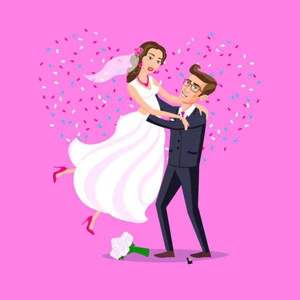 Po prostu małżeństwo śmieszne, młodej i pana młodego, skacząc z po ceremonii ślubnej różowy serce tło wektor — Wektor stockowy