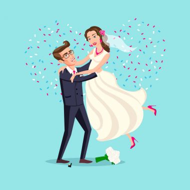 Sadece evli komik çift, gelin ve Damat Düğün töreni pembe kalp vektör sonra gelen dans