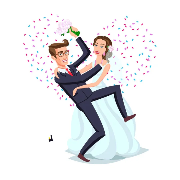 Einfach verheiratet lustiges Paar, Braut und Bräutigam tanzen von nach der Trauung rosa Hintergrund Herzvektor — Stockvektor