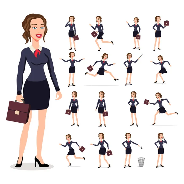 Set Illustration vectorielle plate de silhouettes de femmes d'affaires sur fond blanc. Femme d'affaires en costume sombre dans différentes poses à la présentation du travail . — Image vectorielle