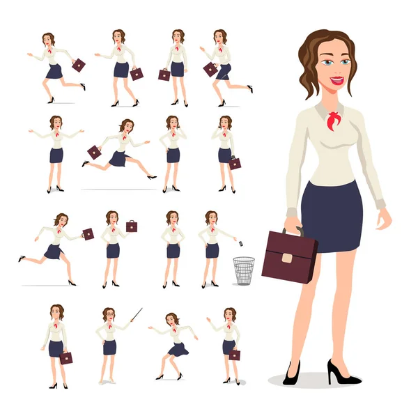 Set girl businesswoman en una blusa blanca, en varias poses en el trabajo aislado en un vector de fondo blanco — Archivo Imágenes Vectoriales